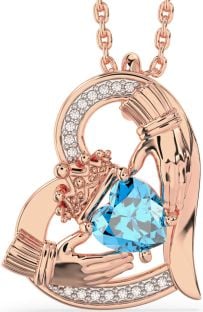 Diamond Topaz Rose Gold Silver Claddagh Heart Necklace