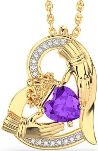 Diamond Amethyst Gold Silver Claddagh Heart Necklace