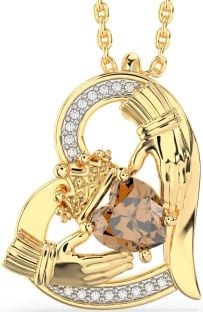 Diamond Citrine Gold Silver Claddagh Heart Necklace