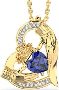 Diamond Sapphire Gold Silver Claddagh Heart Necklace