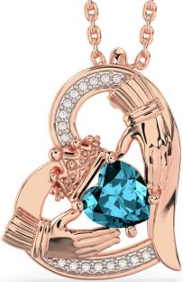 Diamond Aquamarine Rose Gold Claddagh Heart Necklace