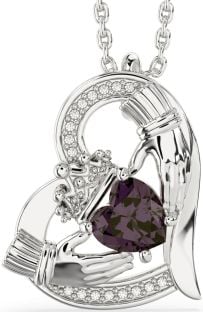 Diamond Alexandrite Silver Claddagh Heart Necklace