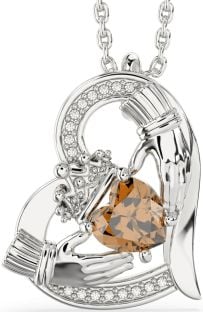 Diamond Citrine Silver Claddagh Heart Necklace