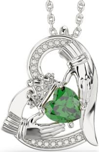 Diamond Emerald Silver Claddagh Heart Necklace