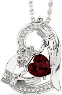 Diamond Garnet Silver Claddagh Heart Necklace