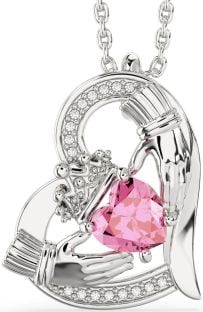 Diamond Pink Tourmaline Silver Claddagh Heart Necklace