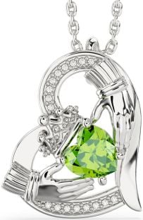 Diamond Peridot Silver Claddagh Heart Necklace