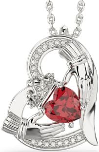 Diamond Ruby Silver Claddagh Heart Necklace