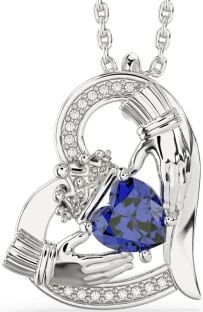 Diamond Sapphire Silver Claddagh Heart Necklace