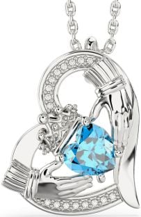 Diamond Topaz Silver Claddagh Heart Necklace