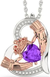 Diamond Amethyst Rose Gold Silver Claddagh Heart Necklace