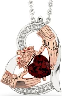 Diamond Garnet Rose Gold Silver Claddagh Heart Necklace