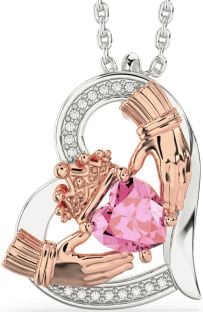 Diamond Pink Tourmaline Rose Gold Silver Claddagh Heart Necklace