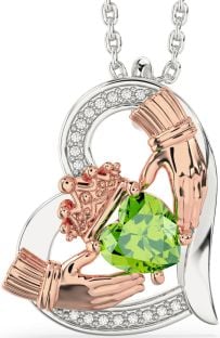 Diamond Peridot Rose Gold Silver Claddagh Heart Necklace