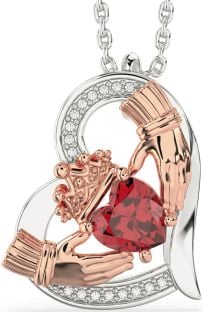 Diamond Ruby Rose Gold Silver Claddagh Heart Necklace