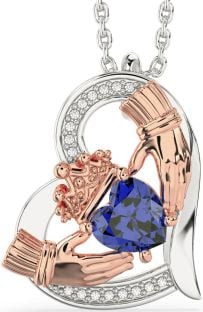 Diamond Sapphire Rose Gold Silver Claddagh Heart Necklace