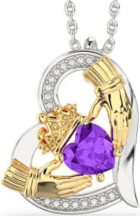 Diamond Amethyst Gold Silver Claddagh Heart Necklace