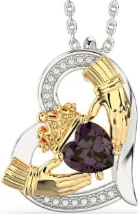 Diamond Alexandrite Gold Silver Claddagh Heart Necklace