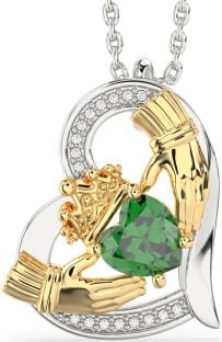 Diamond Emerald Gold Silver Claddagh Heart Necklace