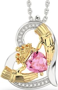 Diamond Pink Tourmaline Gold Silver Claddagh Heart Necklace