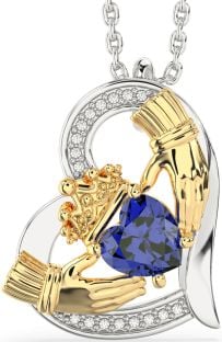 Diamond Sapphire Gold Silver Claddagh Heart Necklace