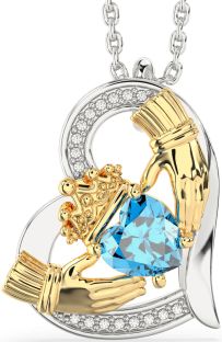 Diamond Topaz Gold Silver Claddagh Heart Necklace