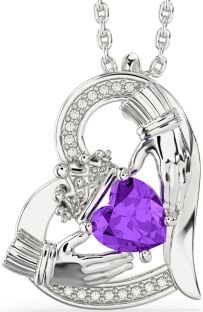 Diamond Amethyst White Gold Claddagh Heart Necklace