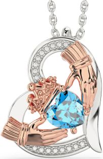 Diamond Topaz White Rose Gold Claddagh Heart Necklace