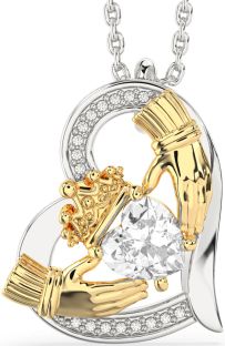 Diamond White Yellow Gold Claddagh Heart Necklace