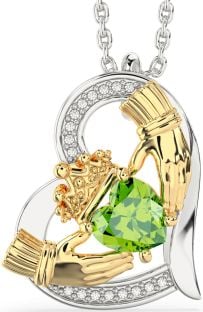 Diamond Peridot White Yellow Gold Claddagh Heart Necklace