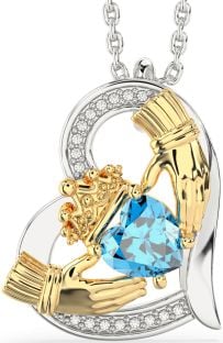 Diamond Topaz White Yellow Gold Claddagh Heart Necklace