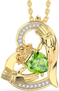 Diamond Peridot Gold Claddagh Heart Necklace