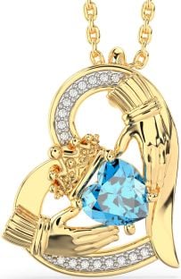 Diamond Topaz Gold Claddagh Heart Necklace