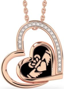 Diamond Rose Gold Silver Black Rhodium Claddagh Heart Necklace