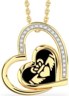 Diamond Gold Silver Black Rhodium Claddagh Heart Necklace