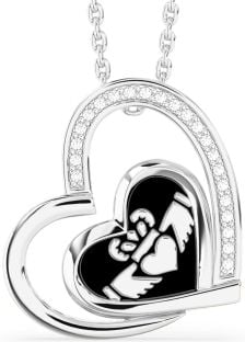 Diamond White Gold Black Rhodium Claddagh Heart Necklace