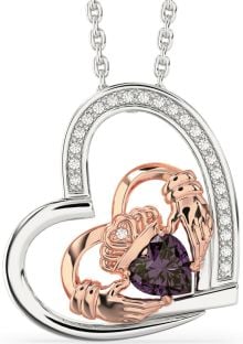 Diamond Alexandrite Rose Gold Silver Claddagh Heart Necklace