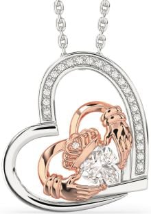 Diamond Rose Gold Silver Claddagh Heart Necklace