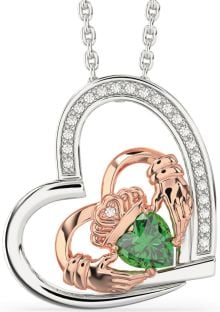 Diamond Emerald Rose Gold Silver Claddagh Heart Necklace