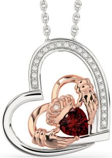 Diamond Garnet Rose Gold Silver Claddagh Heart Necklace