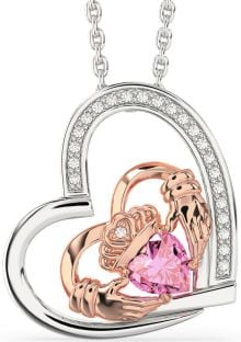 Diamond Pink Tourmaline Rose Gold Silver Claddagh Heart Necklace