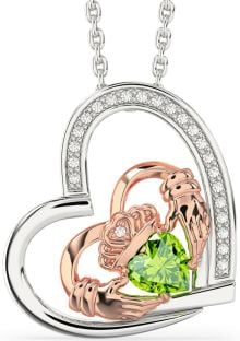 Diamond Peridot Rose Gold Silver Claddagh Heart Necklace