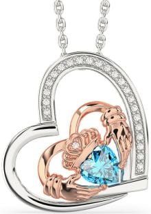 Diamond Topaz Rose Gold Silver Claddagh Heart Necklace