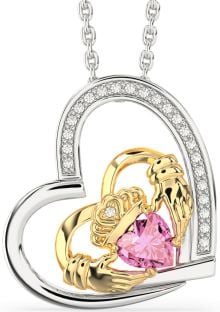 Diamond Pink Tourmaline Gold Silver Claddagh Heart Necklace