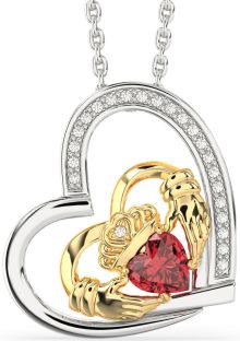 Diamond Ruby Gold Silver Claddagh Heart Necklace