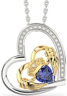 Diamond Sapphire Gold Silver Claddagh Heart Necklace