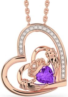 Diamond Amethyst Rose Gold Silver Claddagh Heart Necklace