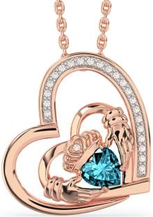 Diamond Aquamarine Rose Gold Silver Claddagh Heart Necklace