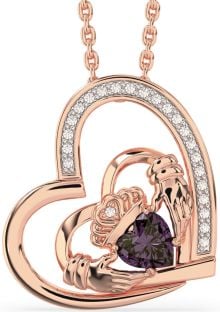 Diamond Alexandrite Rose Gold Silver Claddagh Heart Necklace