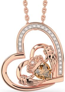 Diamond Citrine Rose Gold Silver Claddagh Heart Necklace